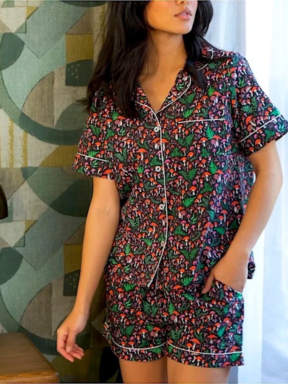 PRINTFRESH Toadstool Mushroom Leaf Print Pajama Shorts Set Size XS Ink